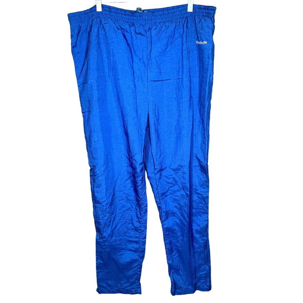 Vintage Mens Reebok Sport Large Track Pants Blue Drawstring Gym Solid Nylon Logo